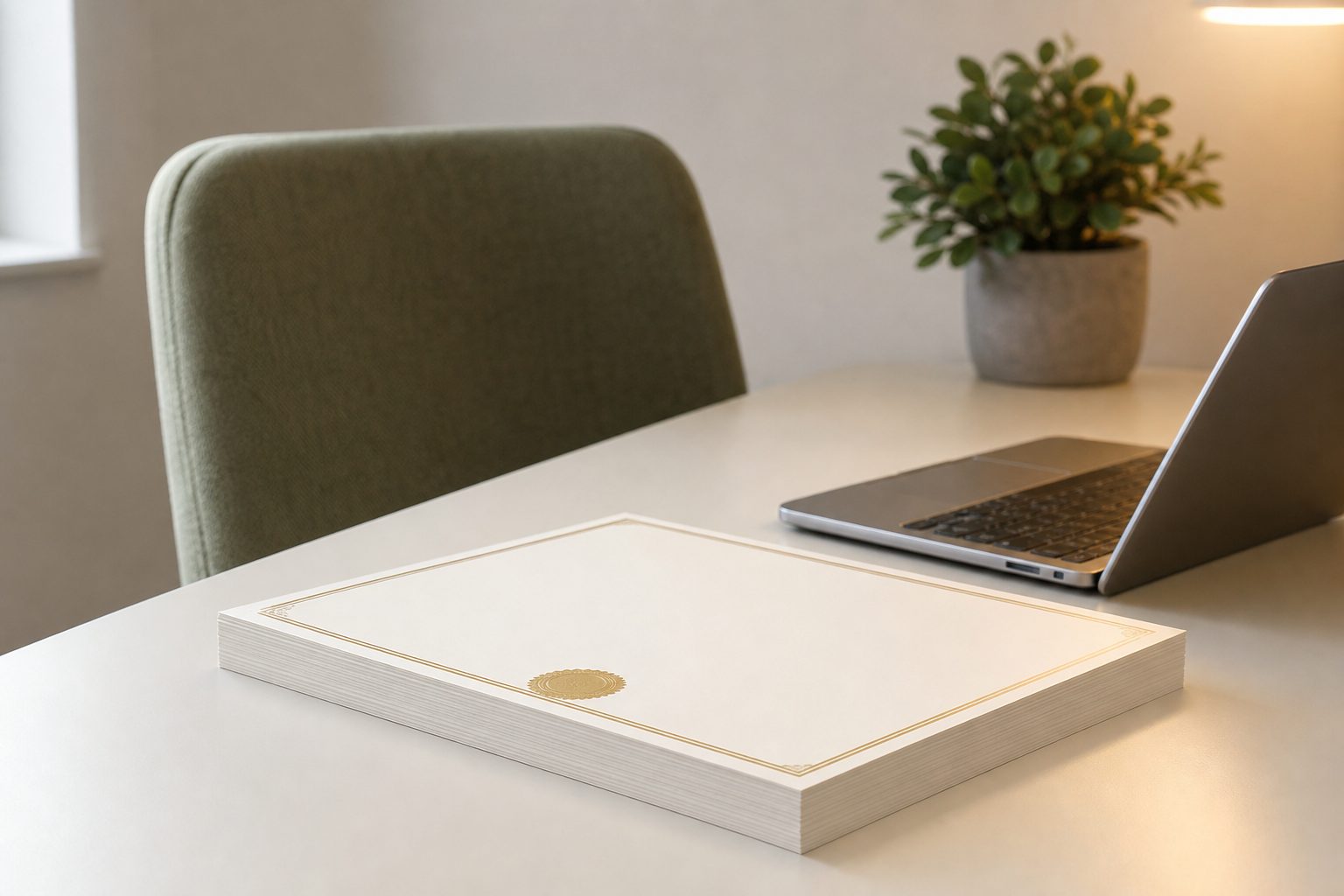 Blank certificate stock stacked beside a glowing laptop on an ivory desk in early morning light