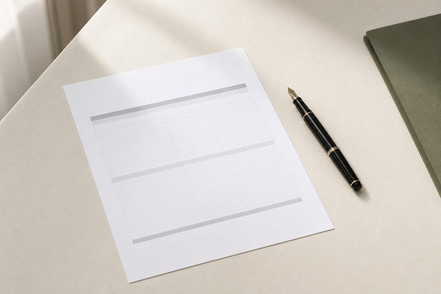 A printed price list and a fountain pen resting on a pale ivory desk in soft grey window light
