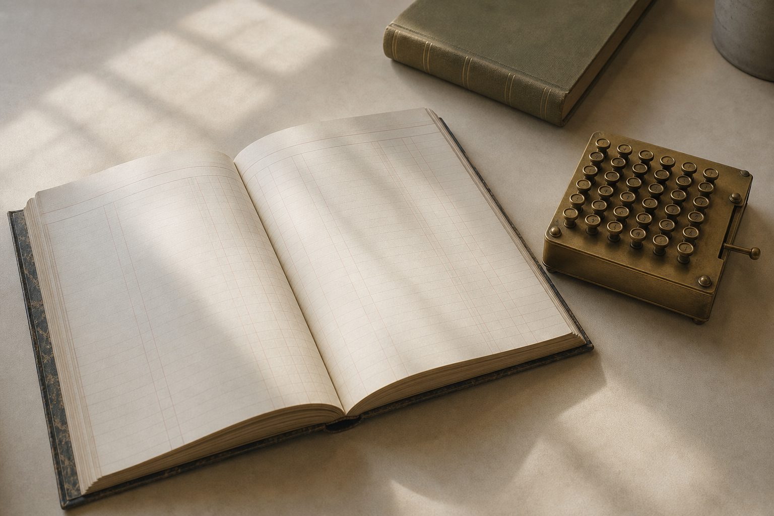 An open ledger notebook and a small brass calculator on an ivory desk in raking grey daylight