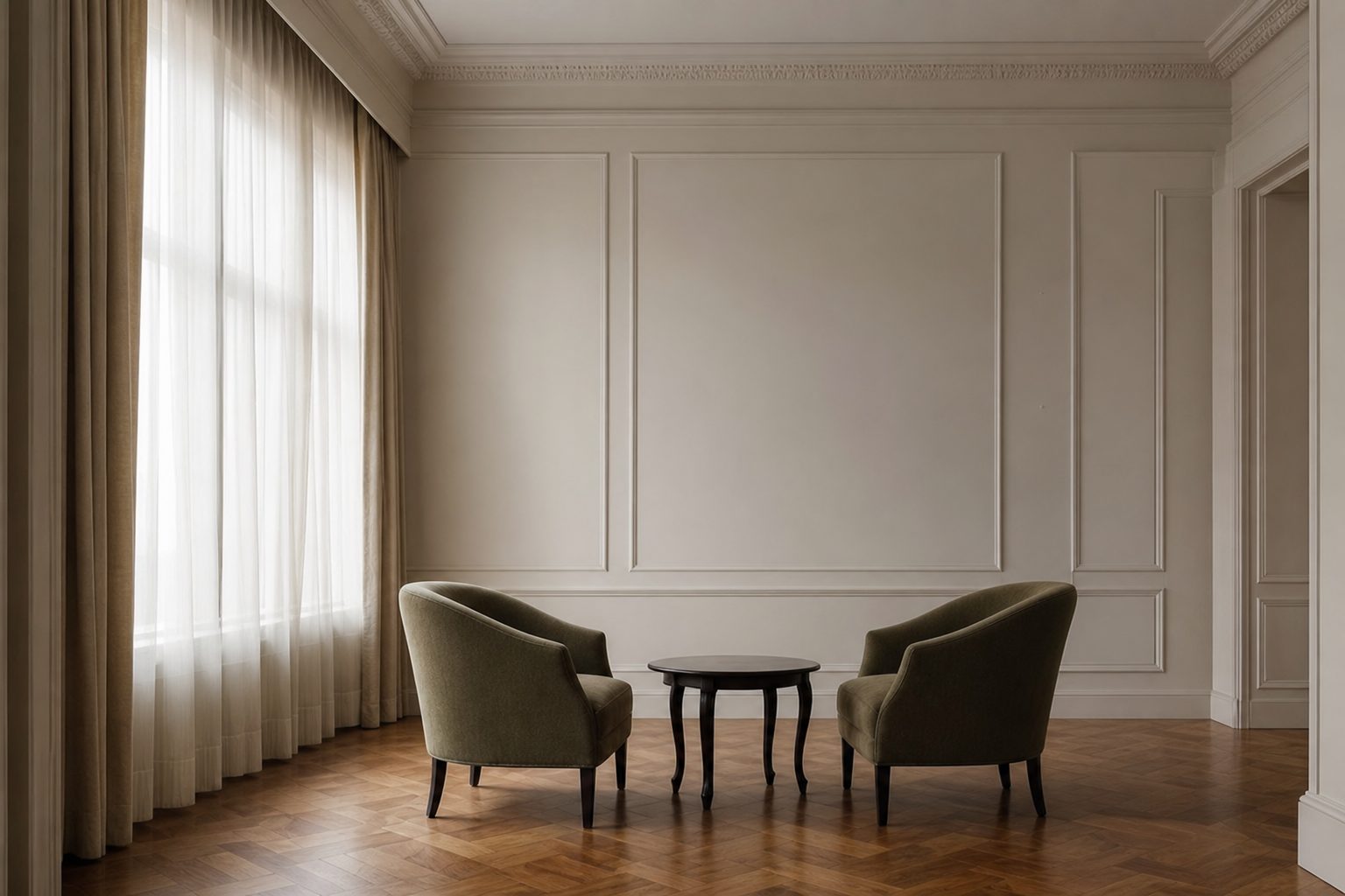 An empty funeral home arrangement room with two chairs and a small table in soft grey daylight