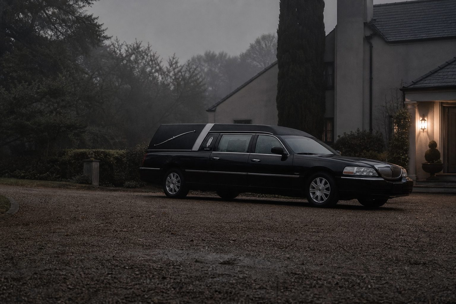 A dark funeral coach parked in a misty residential driveway before dawn with a warm porch light beyond