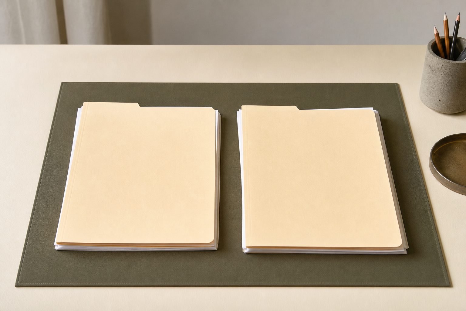 Two plain manila folders squared side by side on an ivory desk under soft grey daylight