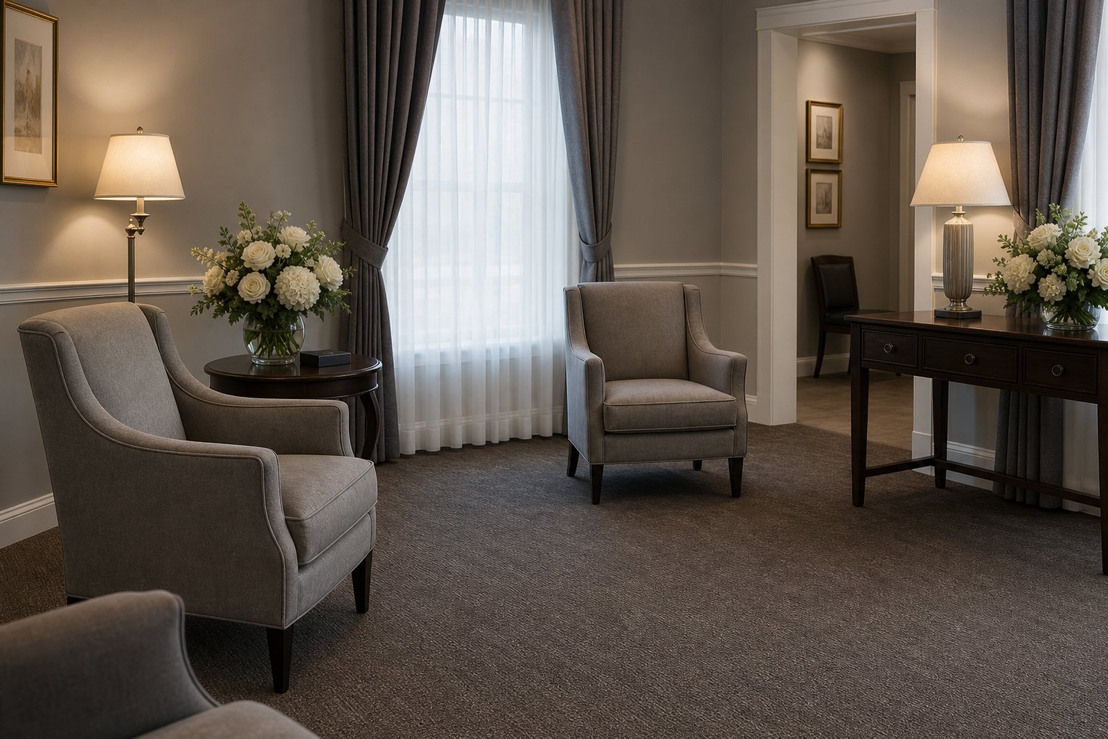 Quiet funeral home reception room with soft armchairs, white flowers on a side table and warm lamp light through sheer curtains